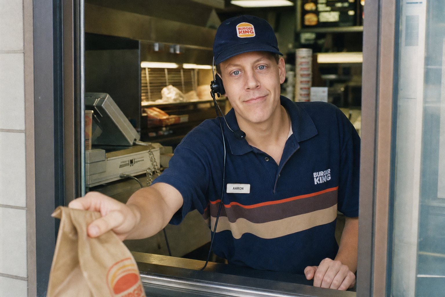 Aaron, 16, working the Burger King drive-thru in Waterloo, Iowa — 1989