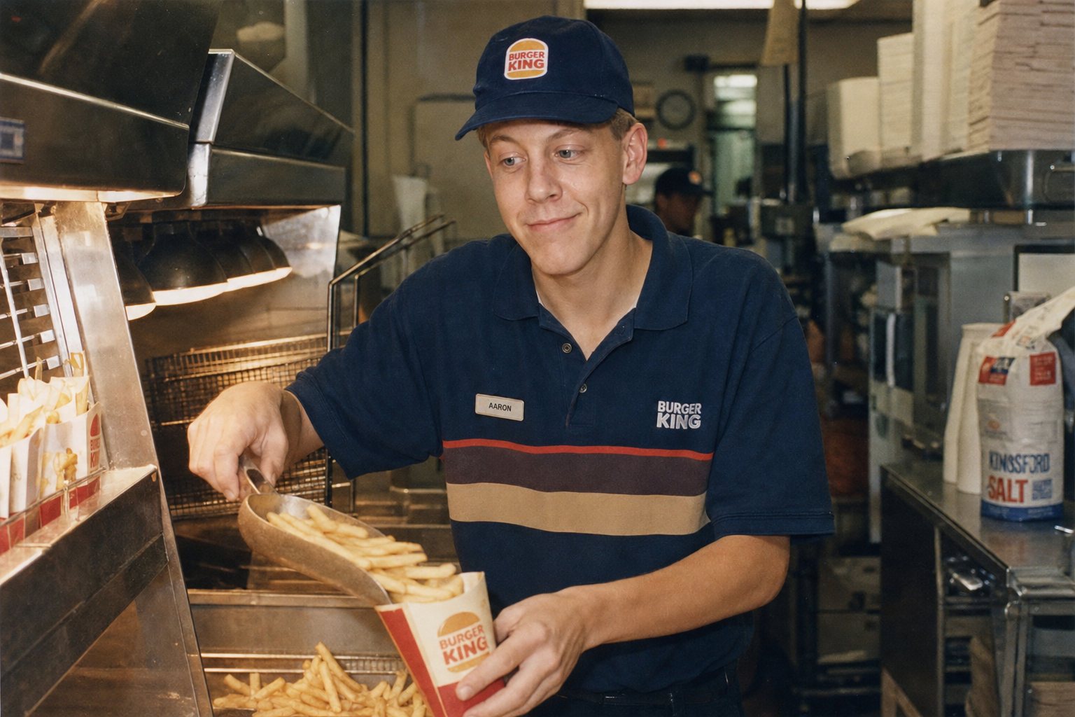 Aaron at 16 scooping fries at the Burger King fry station, 1989