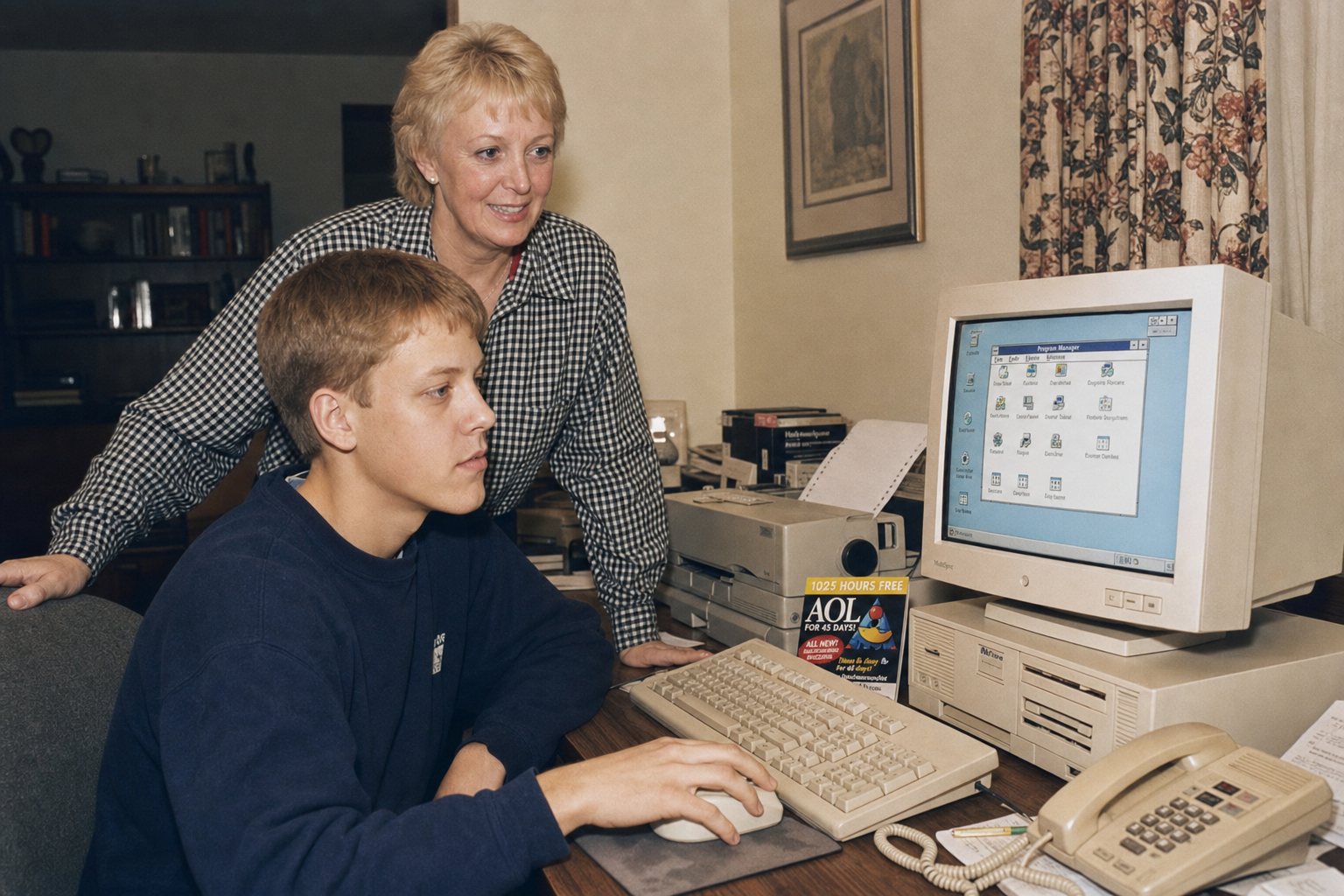 Sixteen-year-old Aaron at the family 386 running Windows 3.1 while his mom Joni looks on, early 1990s