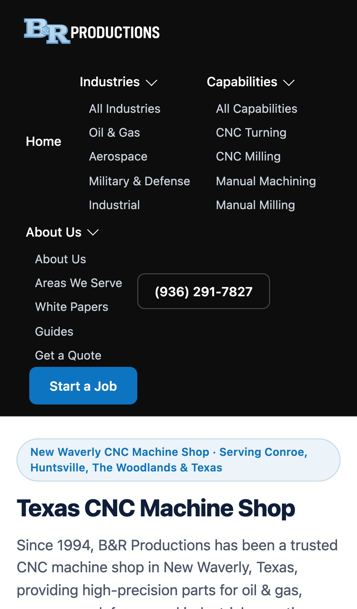 B&R Productions homepage on mobile