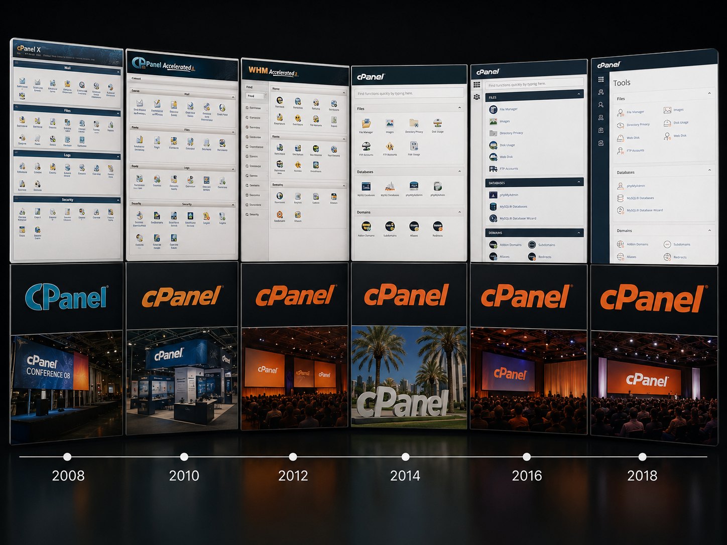 cPanel from 2008 to 2018: the interface evolving from dense icon grids to the modern Tools view, the logo changing, and the conferences growing from a small stage to packed ballrooms