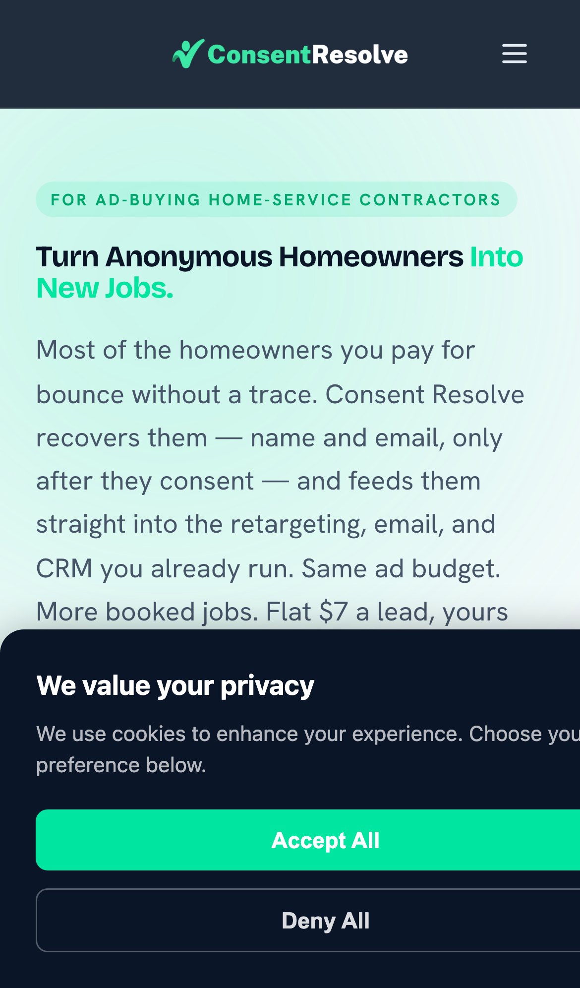 Consent Resolve homepage on mobile