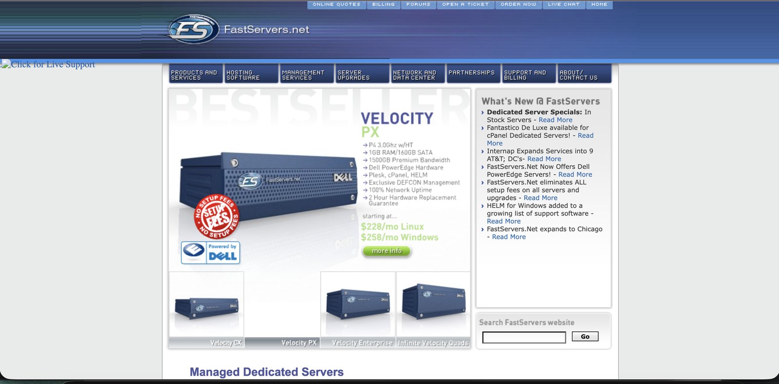 The later mid-2000s FastServers.net website — blue redesign with Dell PowerEdge Velocity servers