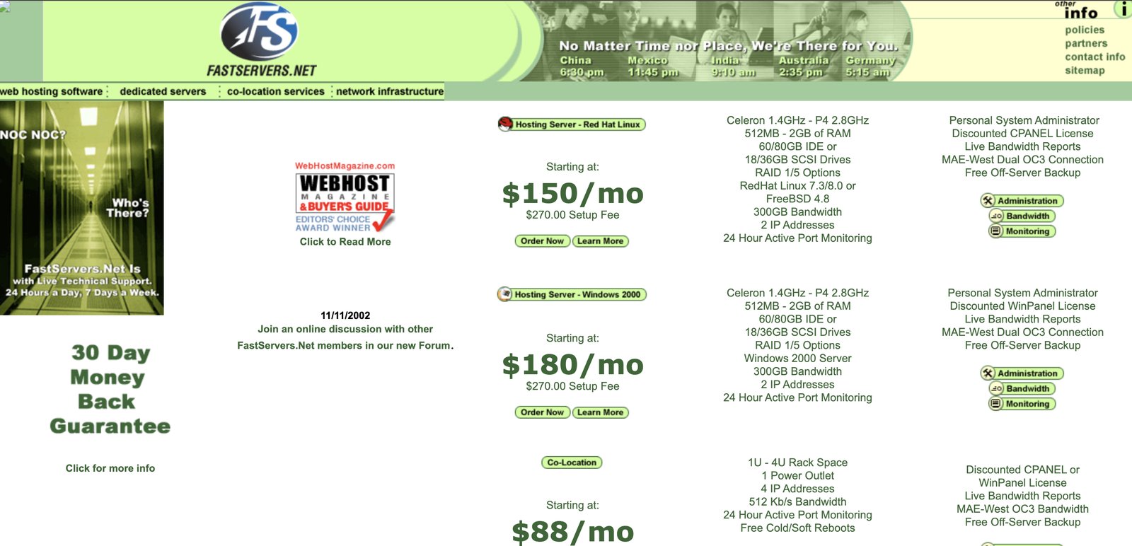The real early-2000s FastServers.net website — lime green, $150/mo dedicated servers, 30-day money-back guarantee, WebHost Magazine award