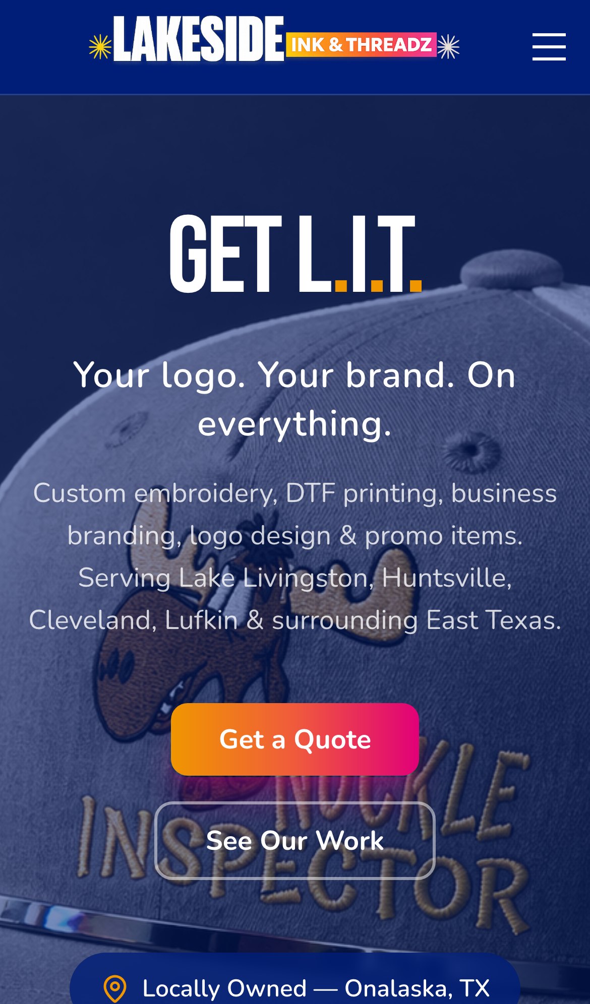 Lakeside Ink & Threadz homepage on mobile