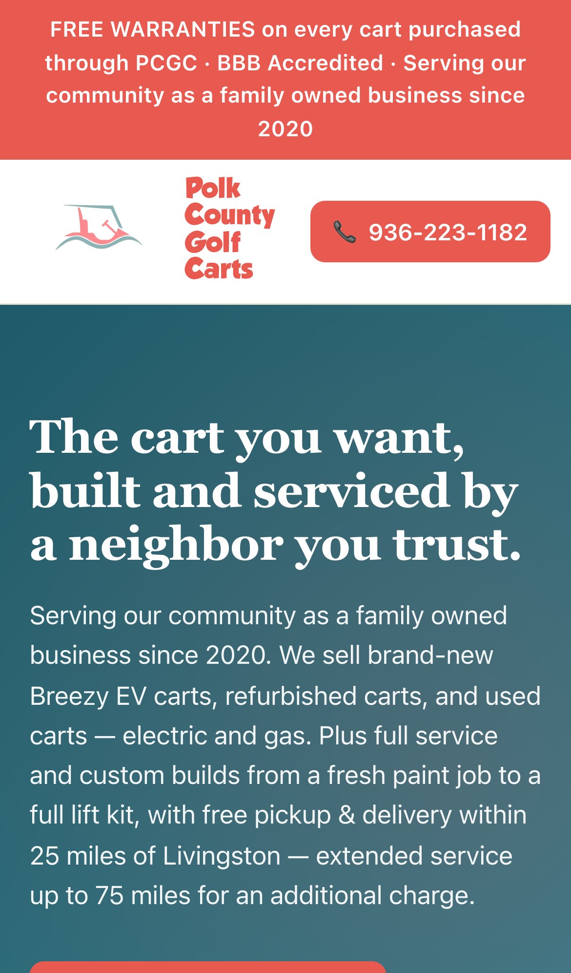 Polk County Golf Carts homepage on mobile