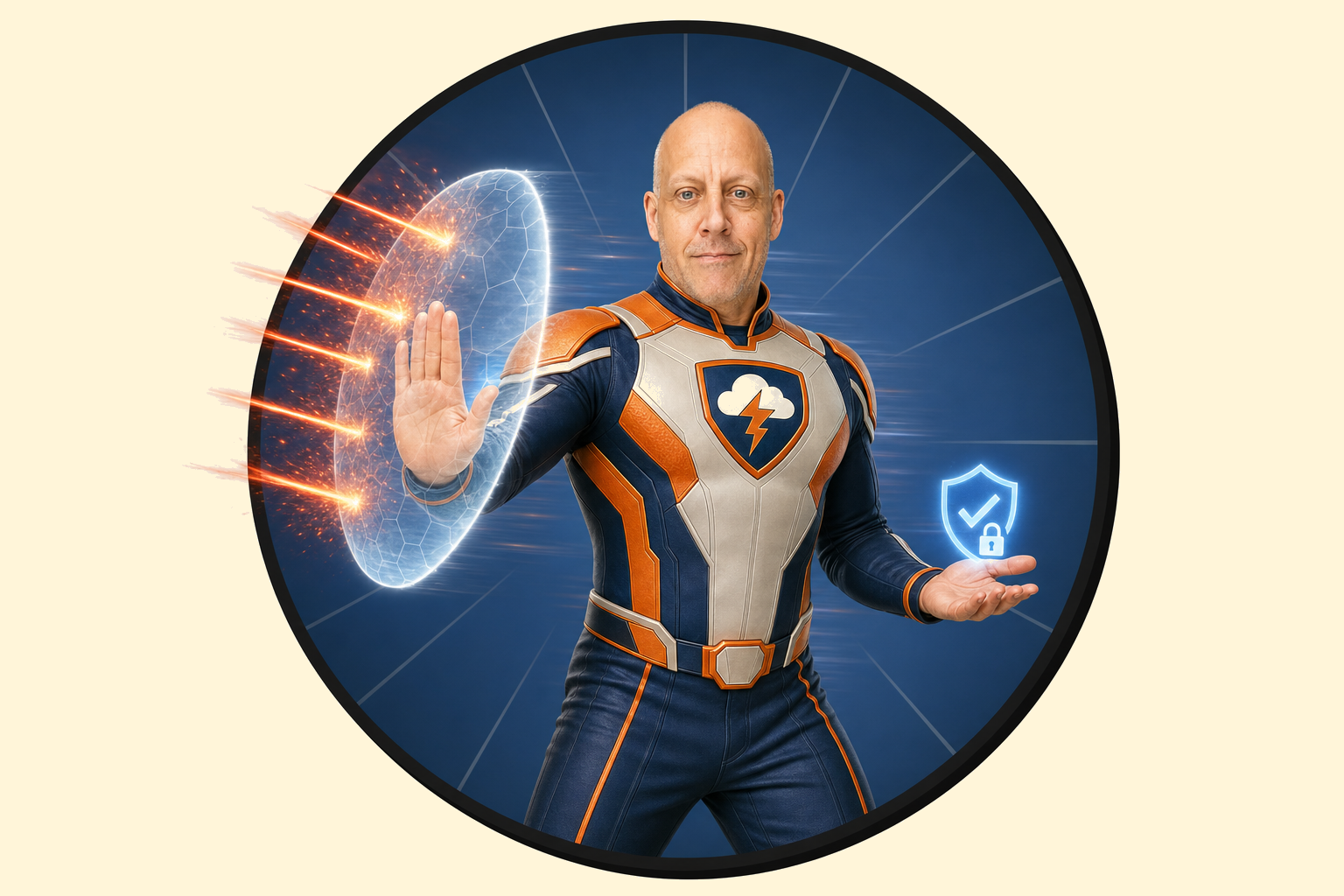 Aaron as CF Man deflecting threats with a shield of light