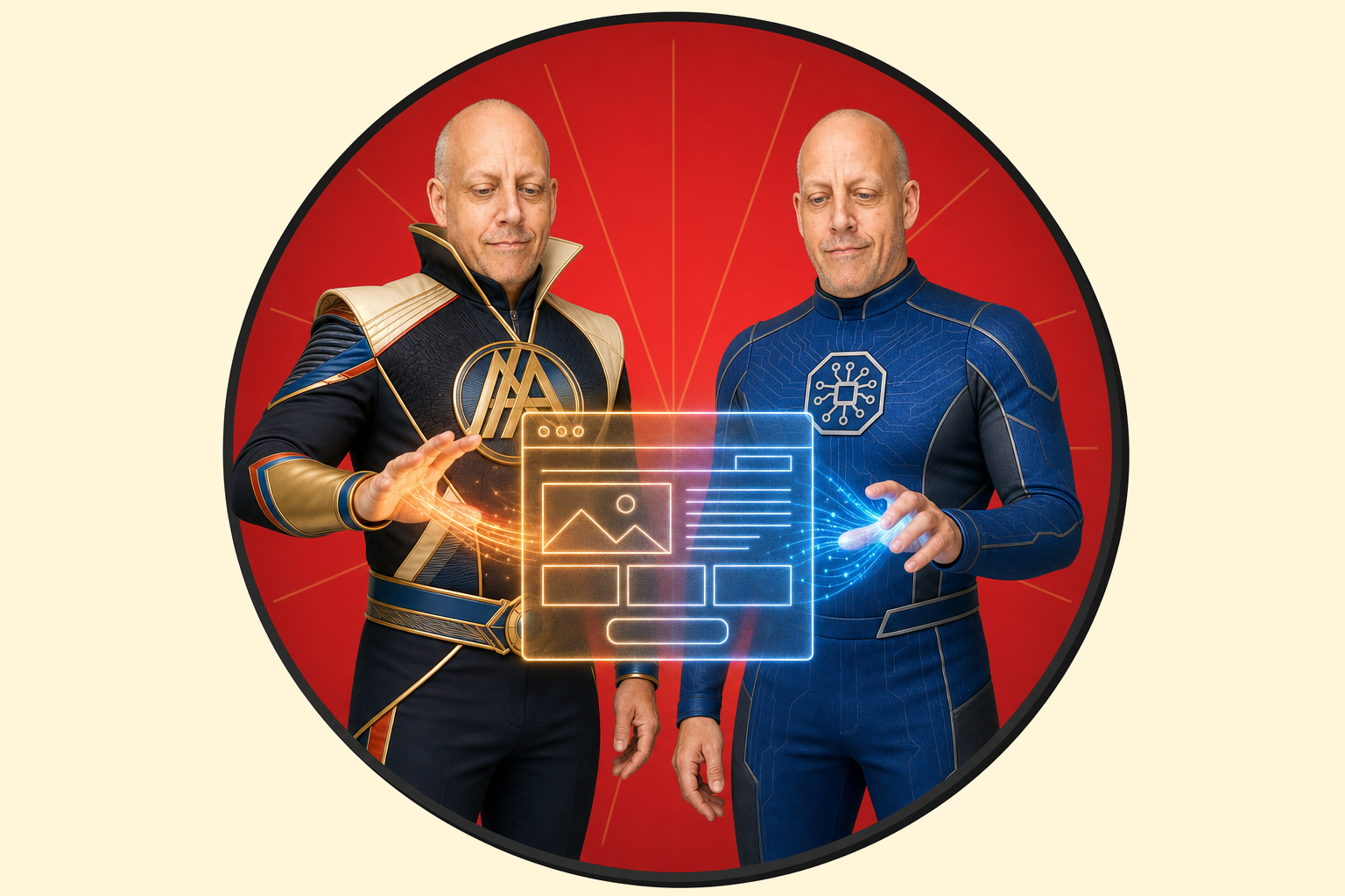Aaron as Brand Man and AI Man together, building a website